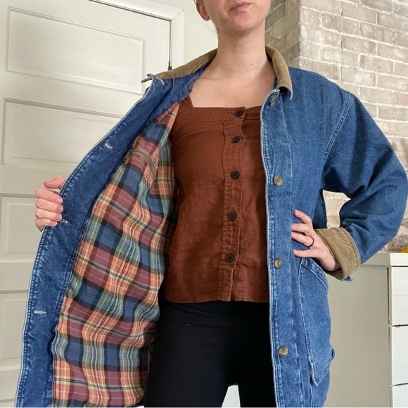 Vintage Dunbrooke Flannel Lined Denim Chore Barn Hunting Coat Corduroy Cotton - Picture 3 of 13
